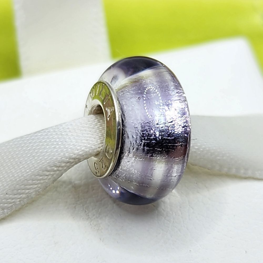 NIB AUTHENTIC PURPLE SHIMMER STRIPE MURANO CHARM BEAD FOR PANDORA BRACELETS
